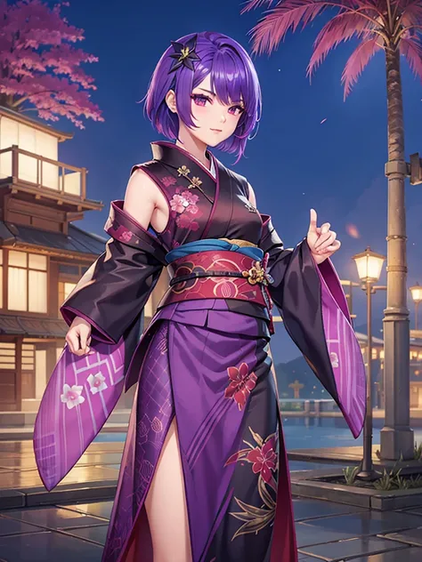 Ixia mobile legends kimono night fire work , purple hair, short hair