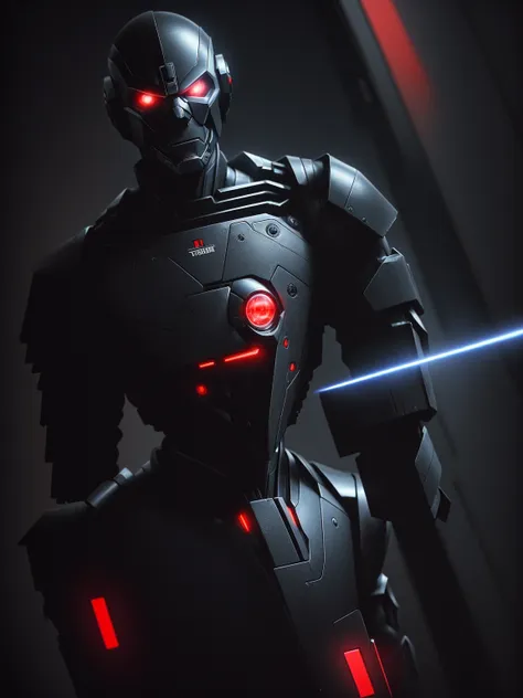 a close-up of a person in a black suit with a red light on, movie still of a cyborg legal, movie still of a cyborg villain, toku...