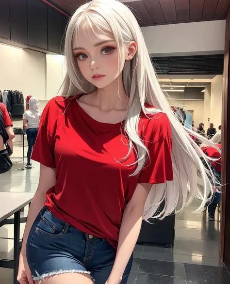 Ultra realistic, high detailed, woman standing normal, long hair, realistic 1.3, red t shirt, short jeans pant, white hair, make up face, 