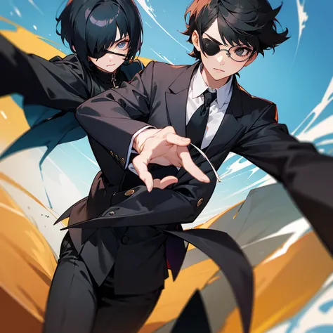 Eye patch　Black Short Hair　Glasses　suit　Heaven and Earth