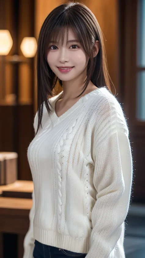 1 Japanese girl,(White sweater:1.4), (RAW Photos, highest quality), (Realistic, Realistic:1.4), Tabletop, Very delicate and beautiful, Very detailed, 8k wallpaper, wonderful, In detail, Very detailedなCG Unity, High resolution, Soft Light, Beautiful details...