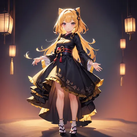 ((Japanese style dress)),(Frills),(Revealing clothing),(In a naughty way),Cute little ,Tiny ,Small girl,,Childish face, Very fine clean face,Top quality,Straight Hair,Yellow hair,(Dark Room), Subtle light, Natural light,Soft lighting,Light from directly be...