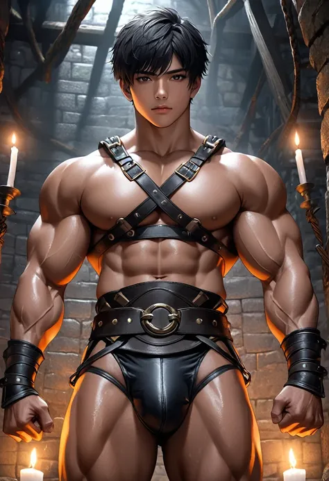 high quality, detailed, Realistic, (19 years old japanese bulky Gladiator boy), (detailed black eyes), (black short hair), (muscle:1.5), (dark skin),  dungeon, leather crossed harness, (leather tiny thongs), (bulge:1.2), candle, detailed nipples, 