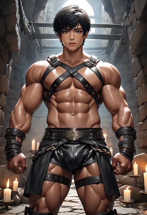 high quality, detailed, Realistic, (19 years old japanese bulky Gladiator boy), (detailed black eyes), (black short hair), (muscle:1.5), (dark skin),  dungeon, leather crossed harness, (leather tiny thongs), (bulge:1.2), candle, detailed nipples, 