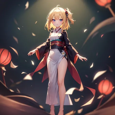 ((Japanese-style yukata)),(Frills),(Revealing clothing),(In a naughty way),Cute little ,Tiny ,Small girl,,Childish face, Very fine clean face,Top quality,Straight Hair,Yellow hair,(Dark Room), Subtle light, Natural light,Soft lighting,Light from directly b...