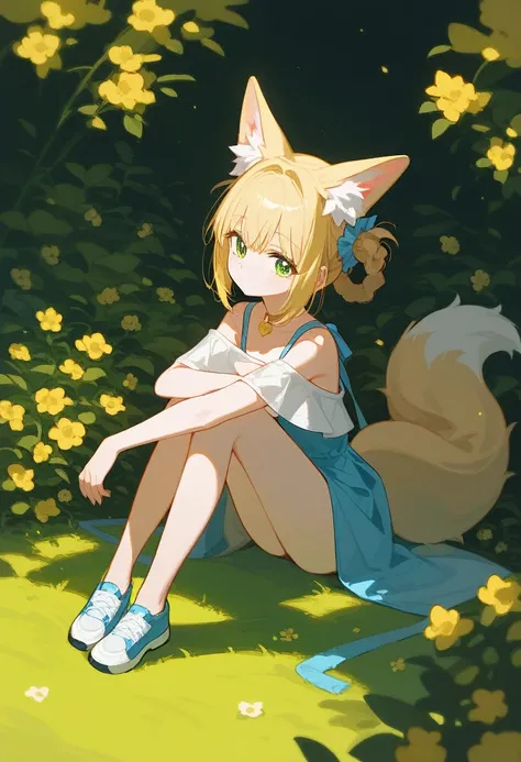 score_9,score_8_consolation,score_7_consolation,evaluation_safe, 1 woman,alone,Suzuran,closed mouth,green eyes,Animal ear fluff,blonde hair,1 tail,fox tail,sitting astride,put one&#39;s hand into one&#39;s clothes,outdoors,In the meadow,short cut,short pon...