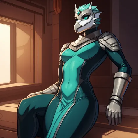 Lanky_muscular_sea_serpent female gray_scaled_body teal_eyes fins beak solo Masterpiece best_quality absurdres highly_detailed skintight_gown silver_circlet silver_gorget silver_bracers cleanly_drawn_eyes anthro_only by_claweddrip, by_greasymojo, by_unders...