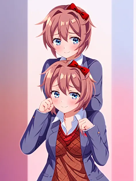 one girl, Sayori, DDLC, school blazer, hair bow, close to girl, light blue eyes, beautiful, index finders together, ashamed, blush, upward glance, dry smile, index finders, shifty eyes