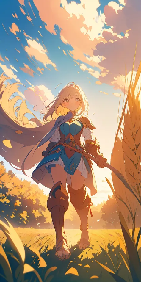 stunning painting of a knight with long blonde hair, wheat field, epic clouds ((painterly)) ((impressionist)) vibrant, soft edge...