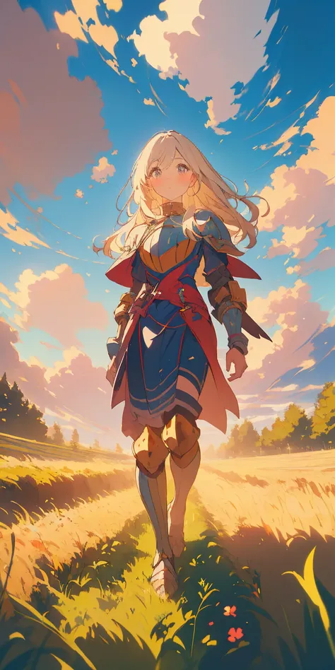 stunning painting of a knight with long blonde hair, wheat field, epic clouds ((painterly)) ((impressionist)) vibrant, soft edges (((warm glow))) full body whole body view from below 1sologirl, feet together, view from below while walking to the viewer