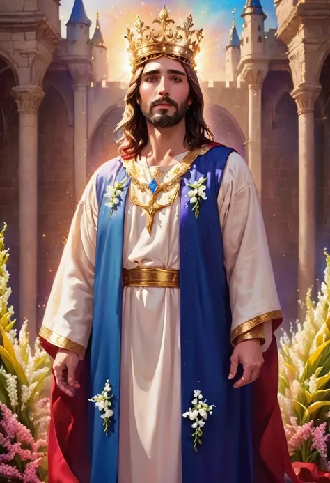 ( best quality Jesus man royal robes Lily of the valley castle background with golden and violet crystals, blue and red background aura, crown of embers)