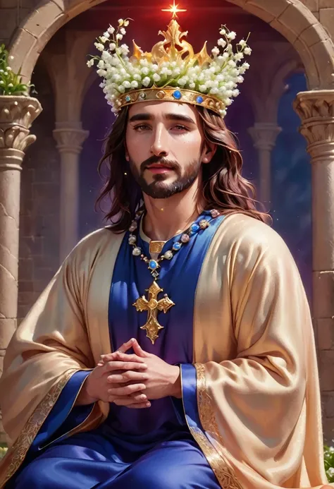 ( best quality Jesus man royal robes Lily of the valley castle background with golden and violet crystals, blue and red background aura, crown of embers)