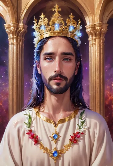 ( best quality Jesus man royal robes Lily of the valley castle background with golden and violet crystals, blue and red background aura, crown of embers)