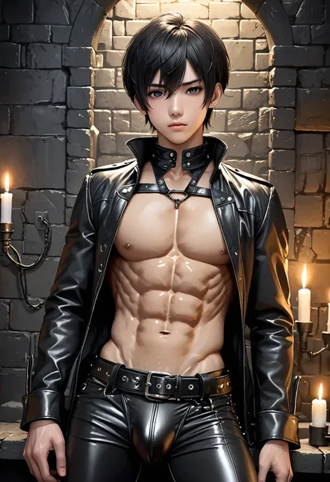 high quality, detailed, Realistic, (19 years old japanese idol boy), (detailed black eyes), (black short hair), (abs:1.5), (shiny skin), (leather bondage), dungeon, harness, (leather tiny thongs), (bulge:1.2), candle, detailed nipple detailed areola,