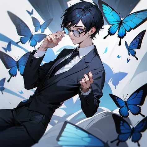 Black Short Hair　Glasses　Black suit　Blue tie　Blue butterfly wings