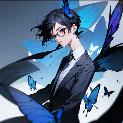 Black Short Hair　Glasses　Black suit　Blue tie　Blue butterfly wings