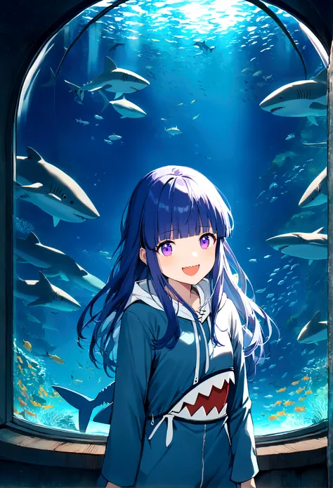 1 Girl, alone, Blue Hair, Purple eyes, Long Hair, blunt bangs, bangs,(Shark Costume), aquarium, Glass tunnel, sea creature, school of fish, illumination, Blue light, Aquarium, reflection, adventure, excited, Light effects, mysterious