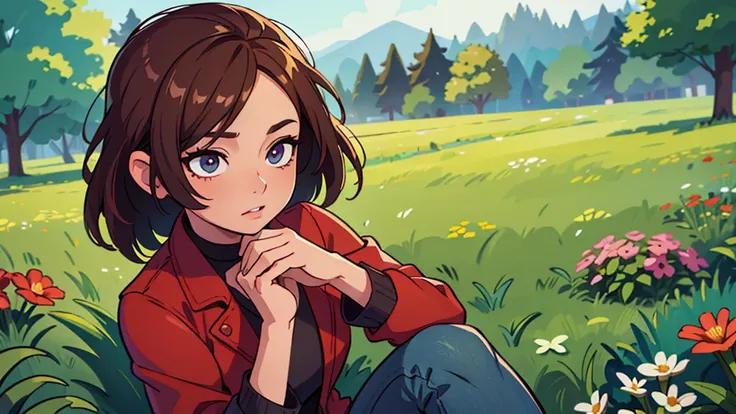 a girl in a red jacket and jeans sitting in a field of flowers, beautiful detailed eyes, beautiful detailed lips, extremely detailed eyes and face, longeyeLashes, cute expression, green grass, dream scenery, 1 person, (best quality,4k,8k,highres,masterpiec...