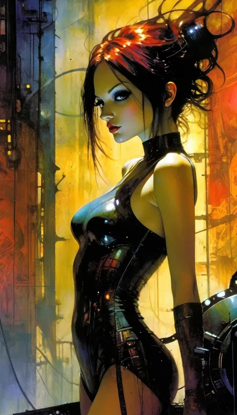 (highly detailed,cinematic lighting,dramatic colors,intricate machinery,futuristic technology,epic scale,moody atmosphere,sexy girl in scene, dark and gritty,masterpiece,best quality,8k,photorealistic,professional) (art inspired in Bill Sienkiewicz). oil p...