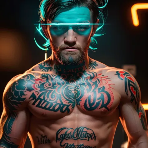 neon light sign in design of conor mcgregor with tatoo and boxing | of gorgeous conor mcgregor high body with tatoo | detailed gorgeous face | precise lineart | intricate | realistic | studio quality | cinematic | luminescence | character design | concept ...