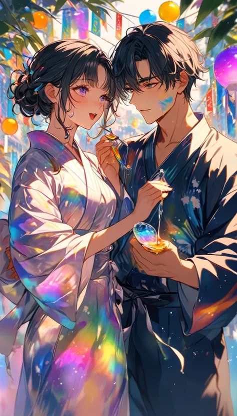 Stripを見つめ合うTwo people、Two people、Tanabata、Strip、Bamboo leaf、Stripに願いをこめて、Grilling in a yukata,fluid,Particles of light, dream-like,Sparkling,dream-like glow,Paint drips,oil,strong stroke,Paint drips,Splash Paint Drop, oil,(Abstract:1.2)A girl and a boy mad...