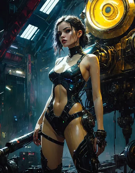 (highly detailed,cinematic lighting,dramatic colors,intricate machinery,futuristic technology,epic scale,moody atmosphere,sexy girl in scene, dark and gritty,masterpiece,best quality,8k,photorealistic,professional) (art inspired in Bill Sienkiewicz). oil p...