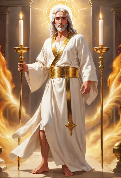 ( best quality Jesus man long white robes,  fiery eyes, white hair like wool, face bright like sun, feet shiny like gleaming brass,  Golden Belt, double-edged sword coming out of the mouth, seven golden candlesticks in the background, shinny body,  GOD)