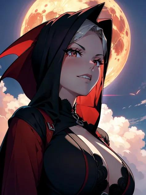 A huge, blood-red full moon peeked through the clouds. A beautiful, busty, mature vampire woman stepped onto the balcony in a crimson-lined, jet-black cloak., In this 16k, masterpiece, every proportion is ideally aligned, making her a seductive and toxic v...