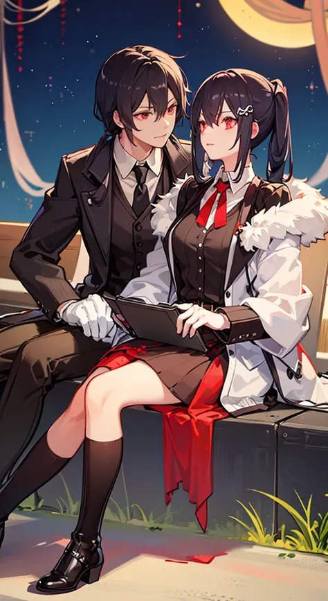 Girl with long white hair, red eyes, sitting on a guy with long black hair