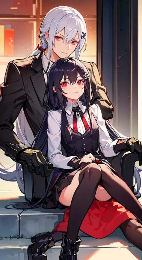 Girl with long white hair, red eyes, sitting on a guy with long black hair