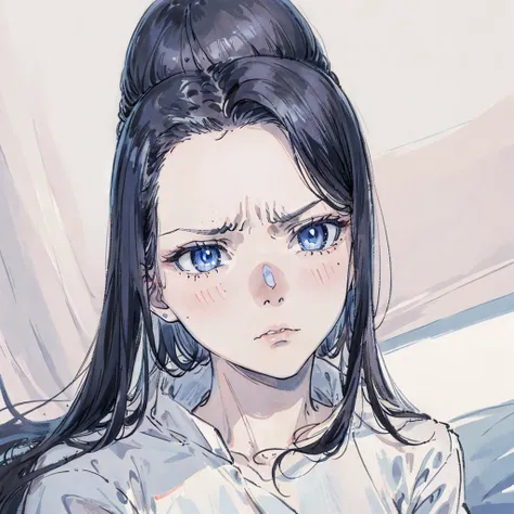 1girl, long straight dark blue eyes hair, pale blue eyes, serious face, wearing white shirt, just woke up