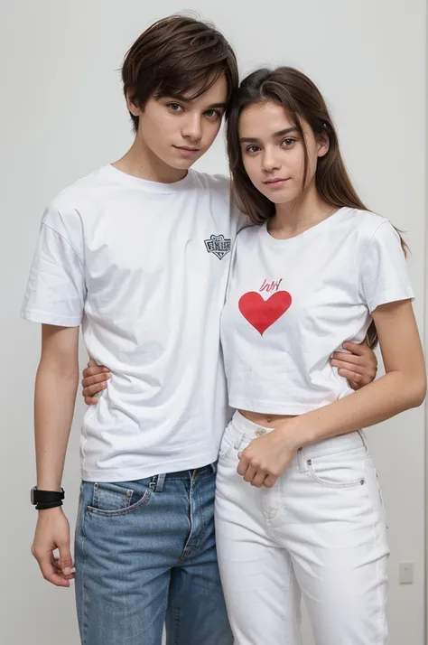 heterosexual couple of teenage lovers aged 12, a boy and a girl hugging each other, both wearing a white t-shirt, white pants, white sneakers, seen from the front and full body and with white bracelets on their arms, holding hands. both the same height and...