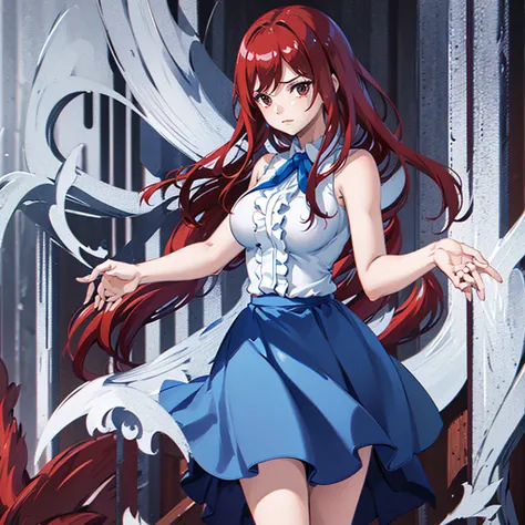 masterpiece, best quality, highres, fairy tail, 1girl, long hair, red hair, brown eyes, neck ribbon, bare shoulders, white shirt, sleeveless, center frills, blue skirt, hair over one eye, town, leaning forward, hand on own knee, standing