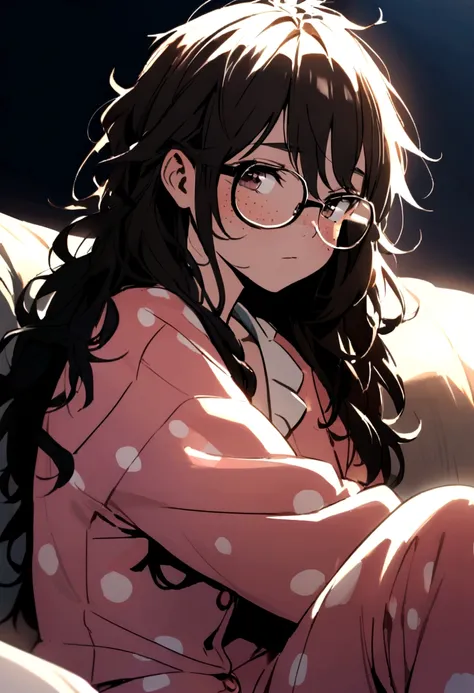 Create a girl with disheveled hair as if she just woke up, with freckles on her face, glasses, wearing pajamas, sitting on the sofa and looking very messy 