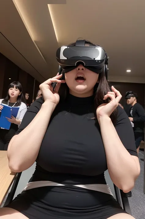 (8k, ultra-high resolution, highest quality, masterpiece:1.2), ultra-realistic, (realistic, photorealistic:1.37), (realistic skin:1.2), ultra-detailed, Canon EOS RP, 8k, (VR headset:1.5), VR play, (shot from below:1.4), Korean mature woman, embarrassed, fr...