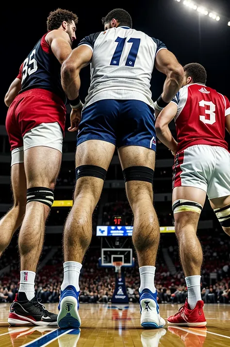 3 hombres en una Basketball court de rugby con sus pantalones bajados mostrando el culo mirando al mas alla, in the background there are more players watching, rugby clothing, exposed ass, One of them has torn pants and you can see his buttock., full HD, B...