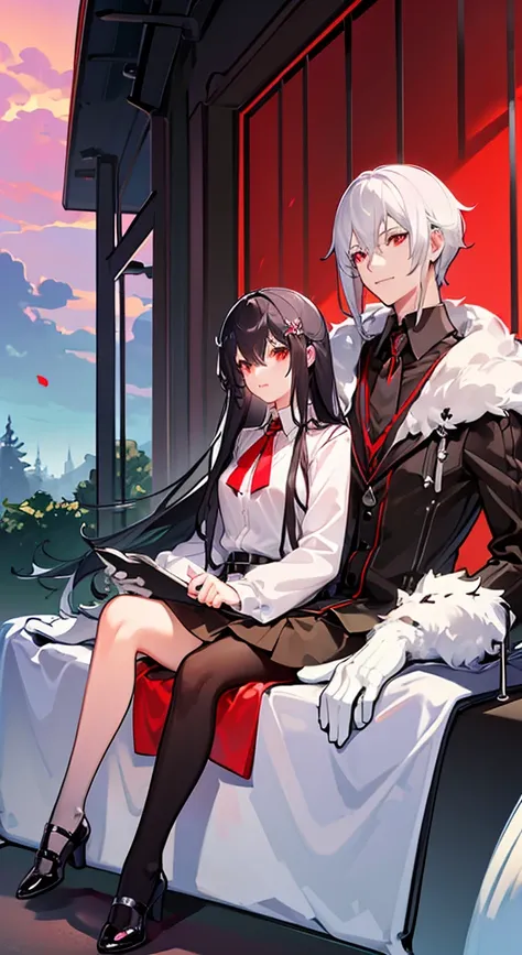 Girl with long white hair, red eyes, sitting on a guy with long black hair