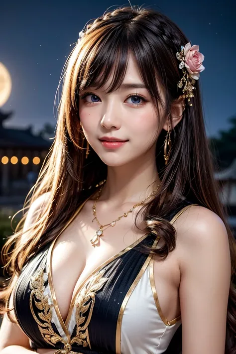 ((masterpiece)), ((best quality)), (ultra-detailed), ((kawaii)), cute, (lovely), ((extremely detailed)), 4K, (8K), best quality, (beautiful), illustration, body shot, ((big moon in the background)), mystical ancient temple, night, a cute girl, 1girl, solo,...