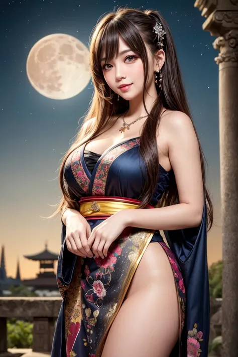 ((masterpiece)), ((best quality)), (ultra-detailed), ((kawaii)), cute, (lovely), ((extremely detailed)), 4K, (8K), best quality, (beautiful), illustration, body shot, ((big moon in the background)), mystical ancient temple, night, a cute girl, 1girl, solo,...