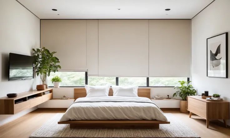 A serene Muji-style bedroom bathed in warm light from recessed downlights. Crisp white walls and natural wood accents create a tranquil ambiance. A flat-screen TV hangs above a minimalist shelf. A low-profile bed with [mention the specific colors of the be...