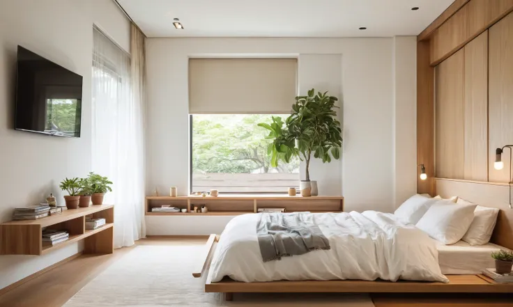 A serene Muji-style bedroom bathed in warm light from recessed downlights. Crisp white walls and natural wood accents create a tranquil ambiance. A flat-screen TV hangs above a minimalist shelf. A low-profile bed with [mention the specific colors of the be...