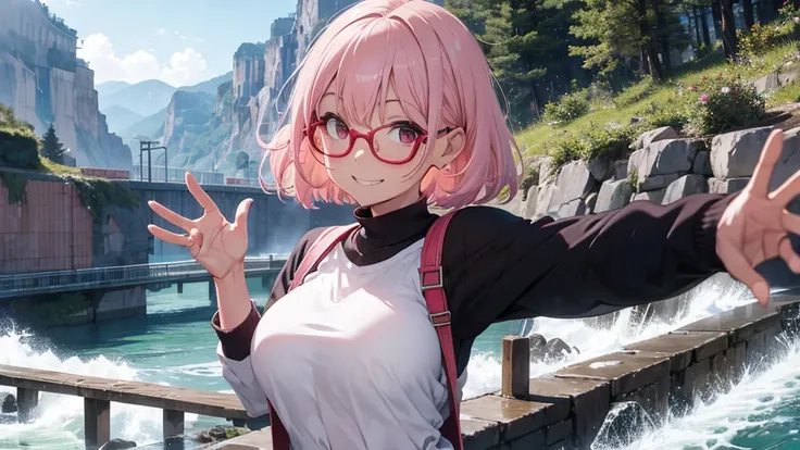 solo,whole body,Right leaning,Light pink hair,Bob Hair,Red Glasses,Panty shot,登Mountainウェア,dam,Mountain,smile,Big Breasts,cute,wave hands