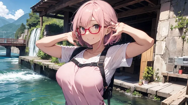 solo,whole body,Right leaning,Light pink hair,Bob Hair,Red Glasses,Panty shot,登Mountainウェア,dam,Mountain,smile,Big Breasts,cute,wave hands