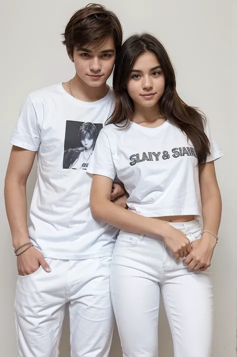 heterosexual couple of teenage lovers aged 12, a boy and a girl hugging each other, both wearing a white t-shirt, white pants, white sneakers, seen from the front and full body and with white bracelets on their arms, holding hands. both the same height and...