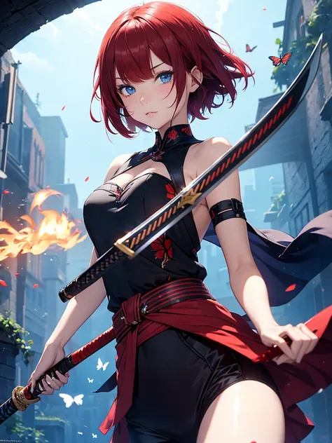 Girl with short scarlet hair, blue eyes, butterfly decoration in hair, using a katana that emanates fire