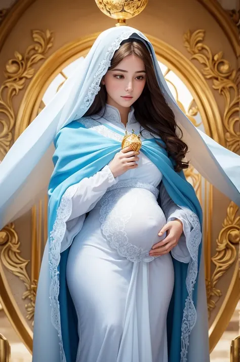 Draw a traditional representation of Our Lady of Conception, with her appearing young and dressed in a sky blue cloak and white tunic. She must be surrounded by a golden aura and with a veil covering her long, brown hair.. In your hands, holds a small gold...