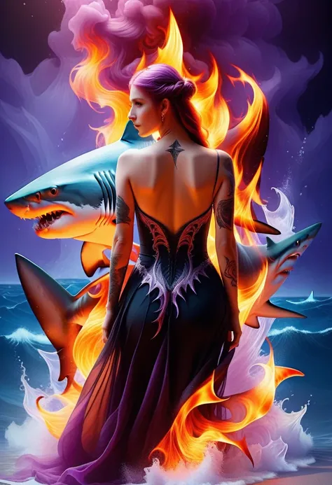 a picture of a an elf with a ((tattoo of a shark: 1.5)) on her back, Dark fantasy art, fantasy art, goth art,, a glowing tattoo of a ((shark: 1.3)) on the back of the elf, the ((shark tattoo)) is vivid, intricate detailed coming to life from the ink to rea...