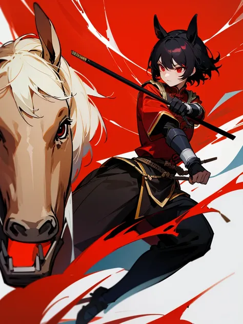 Chinese warrior red eyes horse black short hair