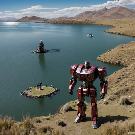 Create a super realistic image , taking care to detail the shine and the environment , a giant robot emerging from Lake Titicaca , half the robot&#39;s body is under the lake , while it&#39;s raining, the robot looks like from the movie pacific rim , The g...