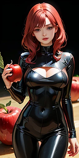 digital illustration of a red-haired woman. A woman wears a tight-fitting shiny black latex leather bodysuit, decorated with gold inserts.. In her raised right hand, she is holding a bright red apple. The woman&#39;s left hand is placed behind her back.. H...